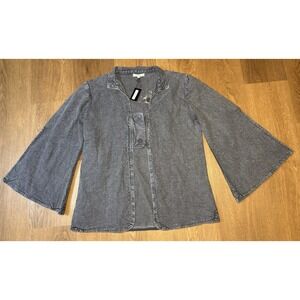 Crosstree Lane Women's Gray Denim Jacket Bell Slit Sleeves Trendy Jean Coat